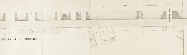 Plan d'alignement du quai de Cosne dressé par l'ingénieur en chef Mutrécy-Maréchal le 10 mai 1845. Détail de la section située entre les Forges de La Chaussade et le pont suspendu. (archives départementales de la Nièvre, 3 O 171 Cosne).