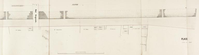 Plan d'alignement du quai de Cosne dressé par l'ingénieur en chef Mutrécy-Maréchal le 10 mai 1845. Détail de la section située de part et d'autre du pont suspendu. (archives départementales de la Nièvre, 3 O 171 Cosne).
