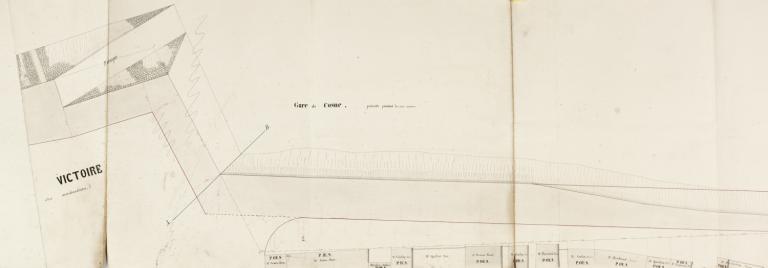 Plan d'alignement du quai de Cosne dressé par l'ingénieur en chef Mutrécy-Maréchal le 10 mai 1845. Détail sur la section située en aval du pont suspendu et comprenant la gare d'eau. (archives départementales de la Nièvre, 3 O 171 Cosne).