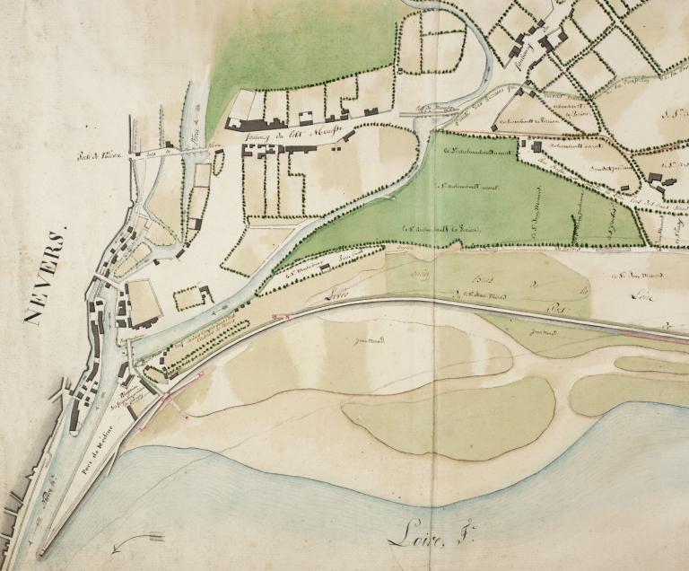 Plan général des abords de la levée du port de Neversau coteau de Saint-Eloi, 4 février 1812, ingénieur ordinaire Tibord. Détail sur l'embouchure de la Nièvre. (archives départementales de la Nièvre, S 633).