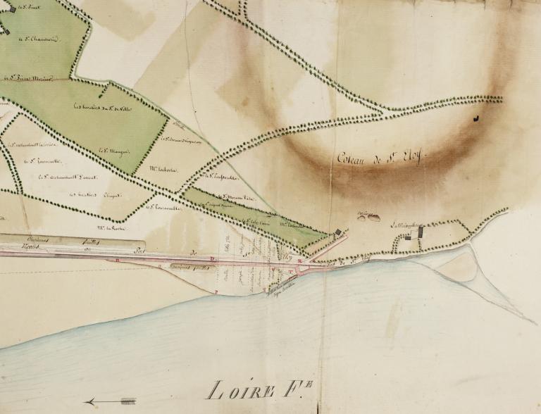 Plan général des abords de la levée du port de Neversau coteau de Saint-Eloi, 4 février 1812, ingénieur ordinaire Tibord. Détail sur le port Saint-Eloi (commune de Saint-Eloi). (archives départementales de la Nièvre, S 633).