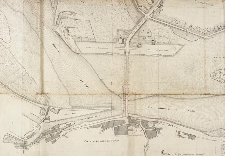 Plan général des Ponts de Nevers sur la Loire avec les chemins, quais, ports, levées et autres ouvrages à leurs abords, 8 janvier 1812, ingénieur Coinchon. (archives départementales de la Nièvre, S 634).