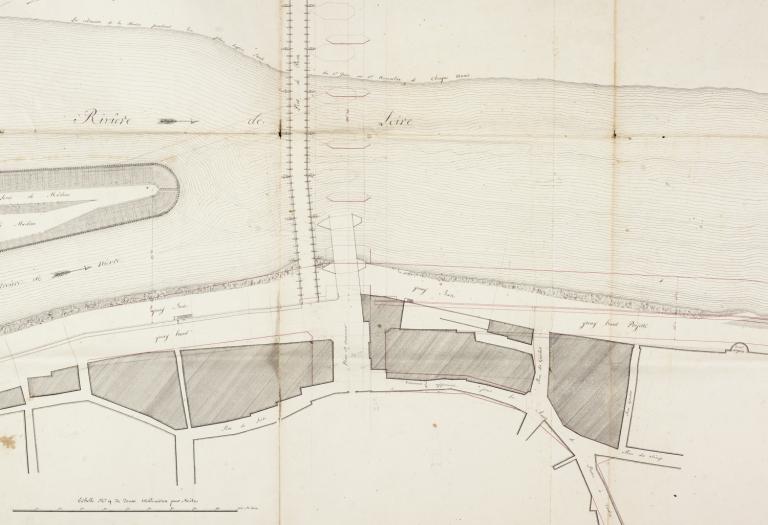 Plan du pont de pierre sur la Loire à Nevers avec mention des quais bas et haut et du pont provisoire en bois, 8 janvier 1812, ingénieur Coinchon. (archives départementales de la Nièvre, S 634).
