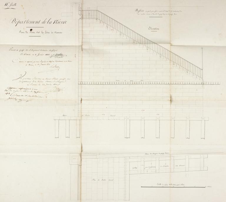 Dessin d'un escalier servant à descendre du quai haut sur le quai bas, 8 janvier 1812, ingénieur ordinaire Coinchon. (archives départementales de la Nièvre, S 634).