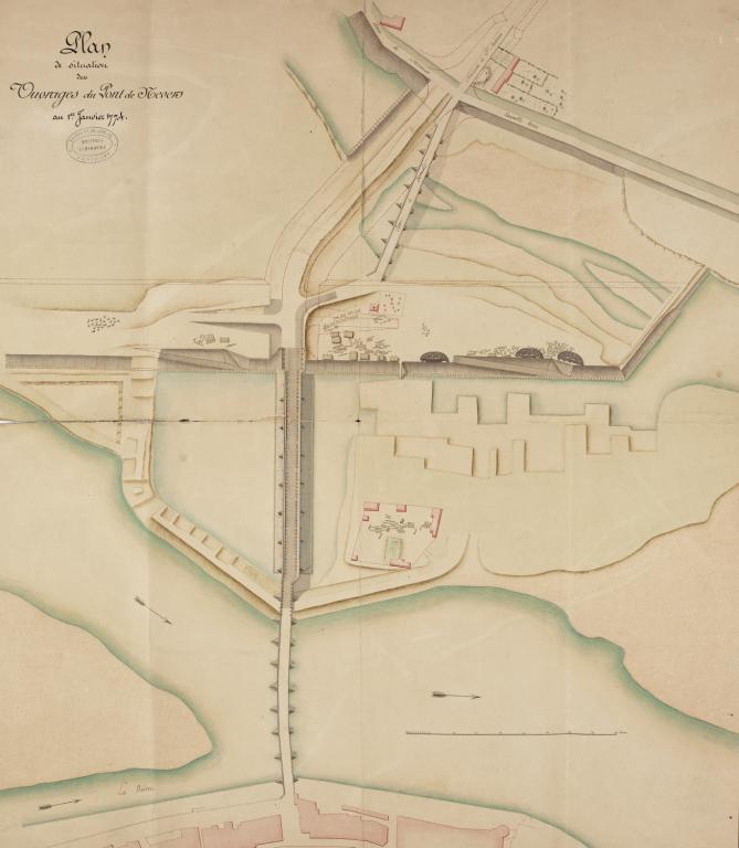 Plan de situation des ouvrages du pont de Nevers au 1er janvier 1774. (archives départementales de la Nièvre, S 634). ; Plan de situation des ouvrages du pont de Nevers au 1er janvier 1774. (archives départementales de la Nièvre, S 634).