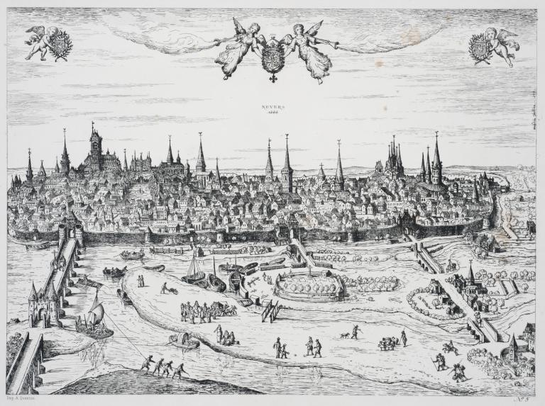 Nevers en 1566 par Amédée Jullien (d'après un dessin conservé à la Bibliothèque Nationales, département des Estampes). ; Nevers en 1566 par Amédée Jullien (d'après un dessin conservé à la Bibliothèque Nationales, département des Estampes).