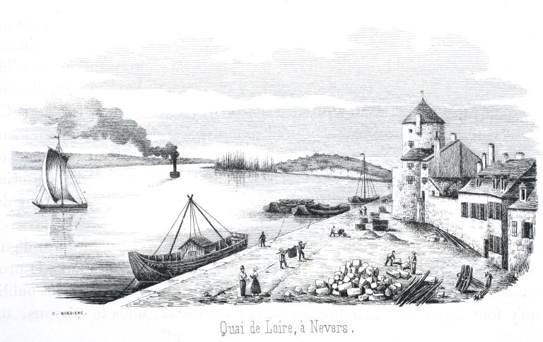 Quai de Loire à Nevers à la fin des années 1830. Vue prise vers l'aval depuis l'entrée du pont. Lithogravure d'après un dessin de Barat. (archives départementales de la Nièvre).