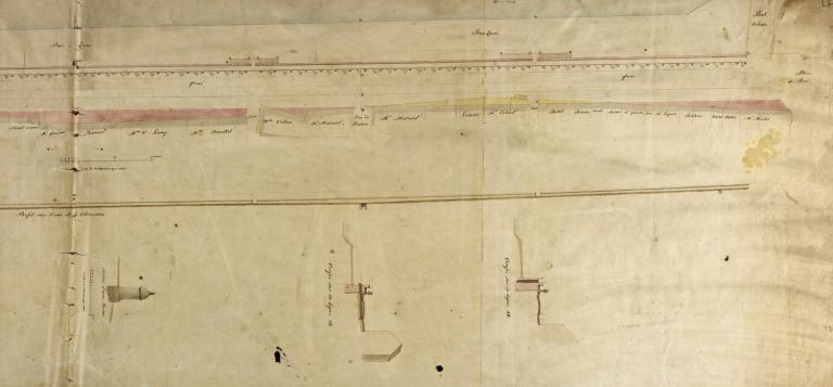 Plan des quais de Loire, 8 août 1827. Détail sur la section située en amont du pont (port de Nièvre). (archives municipales de Nevers, Série O plan n° 55).