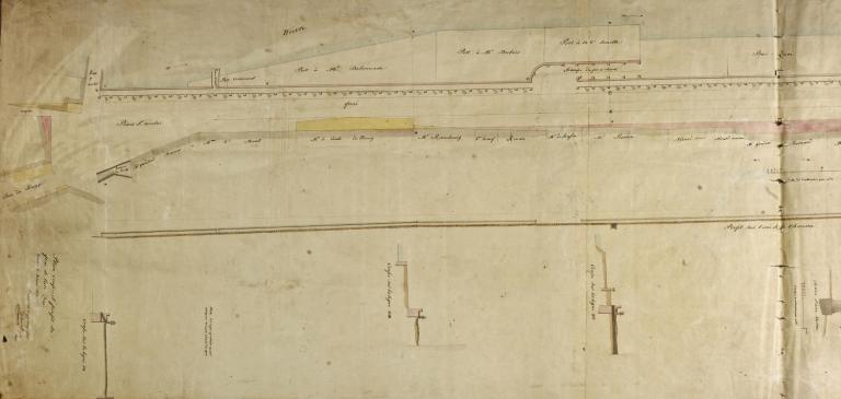 Plan des quais de Loire, 8 août 1827. Section située en amont du pont de Loire (port de Nièvre), détail. (archives municipales de Nevers, Série O plan n° 55).