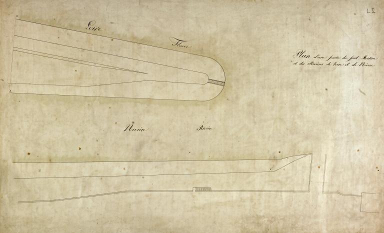 Plan d'alignement de 1856 : plan d'une partie du port de Médine et des rivières de Loire et de Nièvre. Embouchure de la gare de la Nièvre. (archives municipales de Nevers, Série O plan n° 51). ; Plan d'alignement de 1856 : plan d'une partie du port de Médine et des rivières de Loire et de Nièvre. (archives municipales de Nevers, Série O plan n° 51).