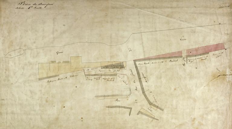 Plan d'alignement de 1856 : plan du bas quai de Loire. Détail. (archives municipales de Nevers, Série O plan n° 28).