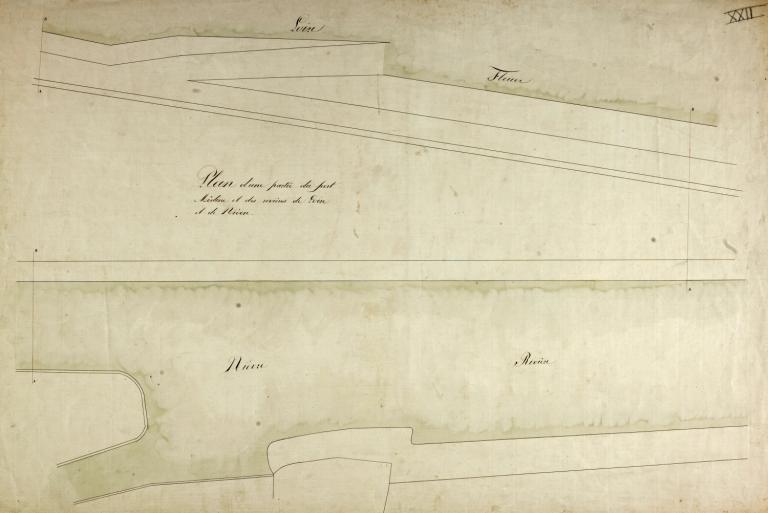 Plan d'alignement de 1856 : plan d'une partie du port Médine et des rivières de Loire et de Nièvre. Mention de la cale simple. (archives municipales de Nevers, Série O plan n° 22). ; Plan d'alignement de 1856 : plan d'une partie du port Médine et des rivières de Loire et de Nièvre. (archives municipales de Nevers, Série O plan n° 22).
