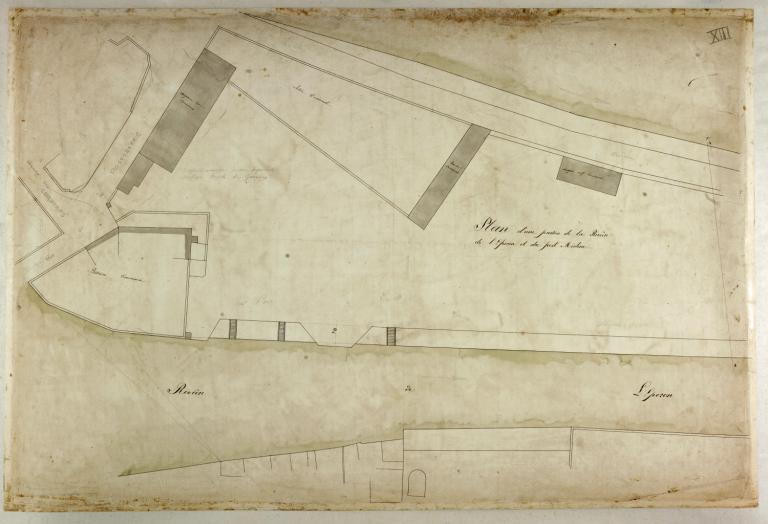 Plan d'alignement de 1856 : plan d'une partie du port Médine et des rivières de Loire et de Nièvre. (archives municipales de Nevers, Série O plan n° 13).
