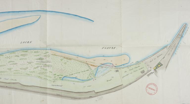 Plan de l'île Saint-Charles, extraction de sable et de gravier. Plan joint au rapport de l'ingénieur ordinaire Verdevoye daté du 14 octobre 1857. (archives municipales de Nevers, 1 N 206-1).