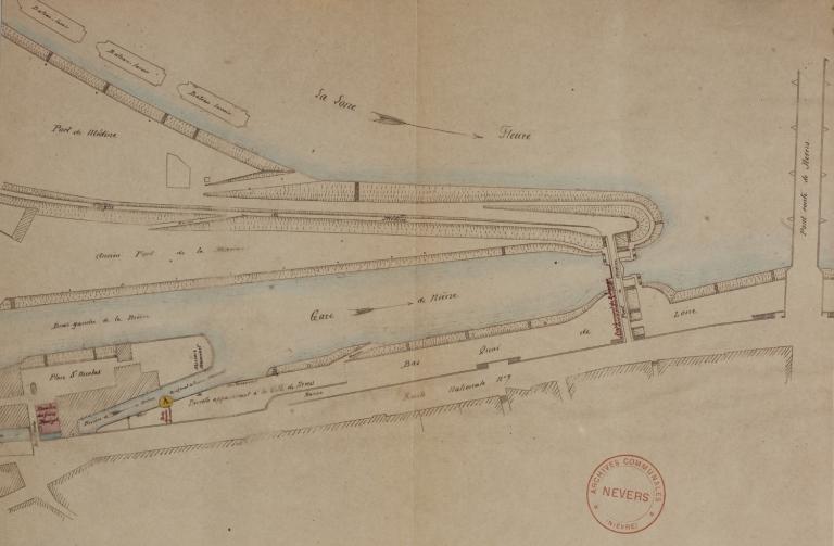 Plan du barrage à poutrelles du pertuis du pont de Médine, 21 décembre 1898, ingénieur ordinaire Vicaire. (archives municipales de Nevers, 3 O 227/2).