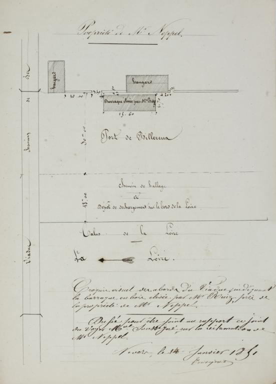 Plan d'une partie du port de Billereux dressé par le voyer municipal le 14 janvier 1851. (archives municipales de Nevers, 3 O 227/2).
