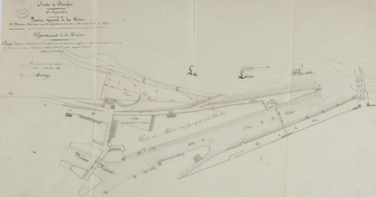Plan indiquant l'emplacement d'un projet de port spécialement affecté au dépôt de houille du commerce de Nevers à construire derrière le bureau d'octroi de Médine, 10 mai 1845, ingénieur en chef Mutrécy-Maréchal.
