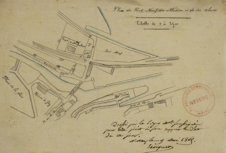 Plan du port neuf de Médine et de ses abords dressé le 9 mai 1865 par le voyer municipal. (archives municipales de Nevers, 3 O 227/2).