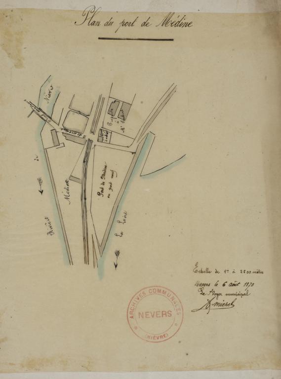 Plan du port de Médine dressé par le voyer municipal Michel le 6 août 1870. (archives municipales de Nevers, 3 O 227/2). ; Plan du port de Médine dressé par le voyer municipal Michel le 6 août 1870. (archives municipales de Nevers, 3 O 227/2).