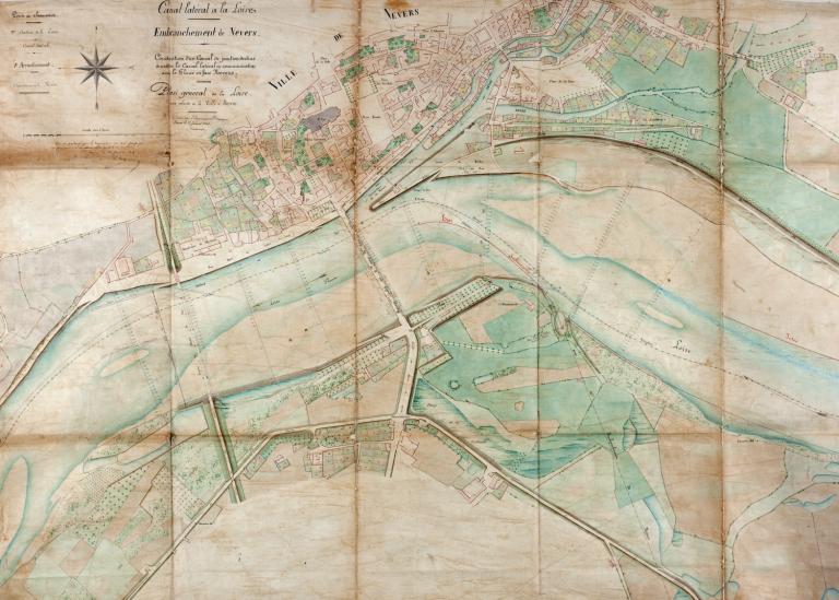 Plan général de la Loire aux abords de Nevers, 23 janvier 1854, ingénieur ordinaire Verdevoye. Détail. (direction départementale de l'équipement de la Nièvre, Nevers).