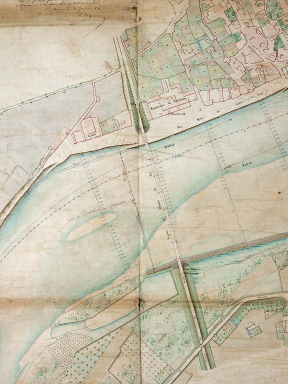 Plan général de la Loire aux abords de Nevers, 23 janvier 1854, ingénieur ordinaire Verdevoye. Détail. (direction départementale de l'équipement de la Nièvre, Nevers).