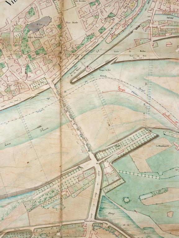 Plan général de la Loire aux abords de Nevers, 23 janvier 1854, ingénieur ordinaire Verdevoye. Détail. (direction départementale de l'équipement de la Nièvre, Nevers).