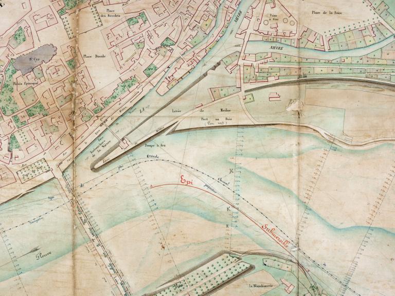 Plan général de la Loire aux abords de Nevers, 23 janvier 1854, ingénieur ordinaire Verdevoye. Détail. (direction départementale de l'équipement de la Nièvre, Nevers).