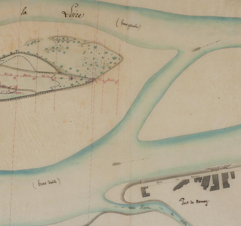 Plan du port de Neuvy et de ses abords, 16 septembre 1877, ingénieur ordinaire Poulet. (direction départementale de l'équipement de la Nièvre, Nevers).