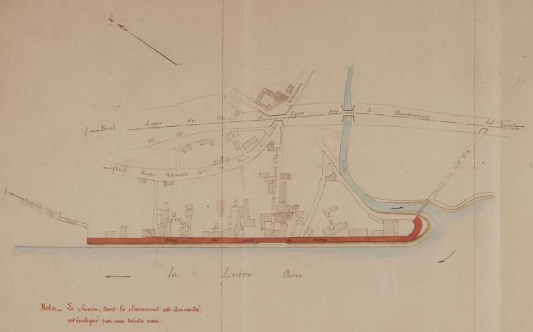 Plan du quai du port de Neuvy dressé le 31 mai 1905 par Monnot. Projet de classer le quai du port dans le réseau vicinal (demande du conseil municipal). (direction départementale de l'équipement de la Nièvre, Nevers, Boite 70).