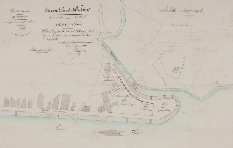 Plan d'une partie du port de Neuvy dressé le 20 mars 1866 par le conducteur Barberousse. (direction départementale de l'équipement de la Nièvre, Nevers, Boite 70).