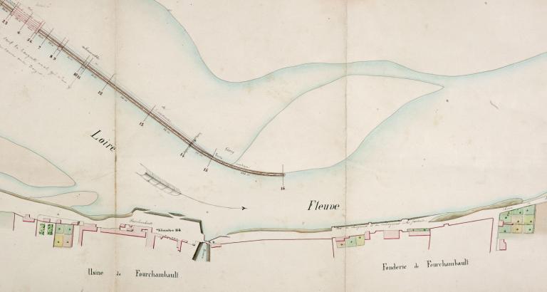 Restauration de l'épi submersible de Givry, ingénieur Verdevoye, 18 juillet 1853. Détail sur l'épi et le port de Fourchambault. (direction départementale de l'équipement de la Nièvre, Nevers).