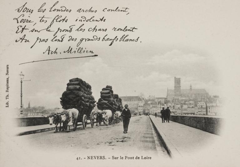 Boeufs tirant des chars sur le pont de Loire. Carte postale ancienne. (archives municipales de Nevers, 5 Fi 1223).