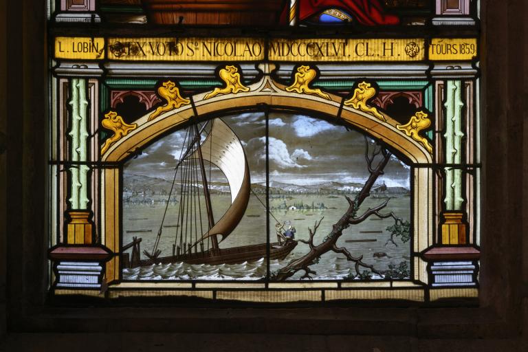 Eglise Saint-Jacques de Cosne, vitrail placé dans le choeur (sud) : Saint Nicolas et scène d'inondation. Vitrail signé par L. Lobin, Tours, 1859. Détail.