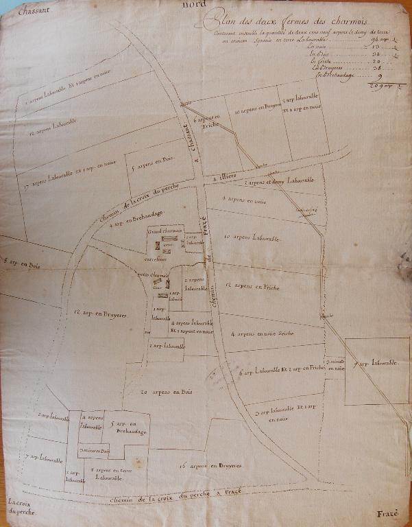 Plan des fermes des Grand et Petit Charmois de 1753. (Archives départementales d´Eure-et-Loir, E 1767).