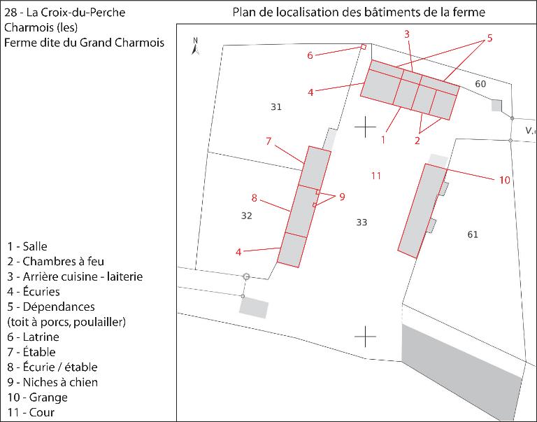 Plan de localisation des bâtiments du lieu-dit (fonds : plan cadastral de 2013, section ZK).