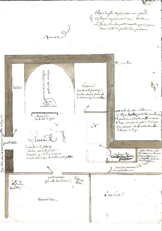 Plan de l’ancien appentis (détruit) au nord du logis, auteur inconnu et non daté : 2e moitié 19e siècle. (Archives privées).