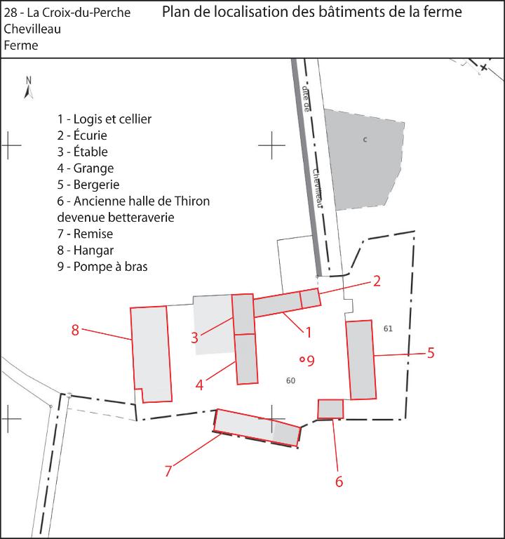 Plan de localisation des bâtiments du lieu-dit (fonds : plan cadastral de 2013, section ZE).