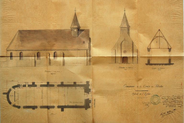 Plan, coupe et élévation de l’église dressé par l’architecte Vaillant en 1889. (Archives départementales d´Eure-et-Loir, 2 O 1126).
