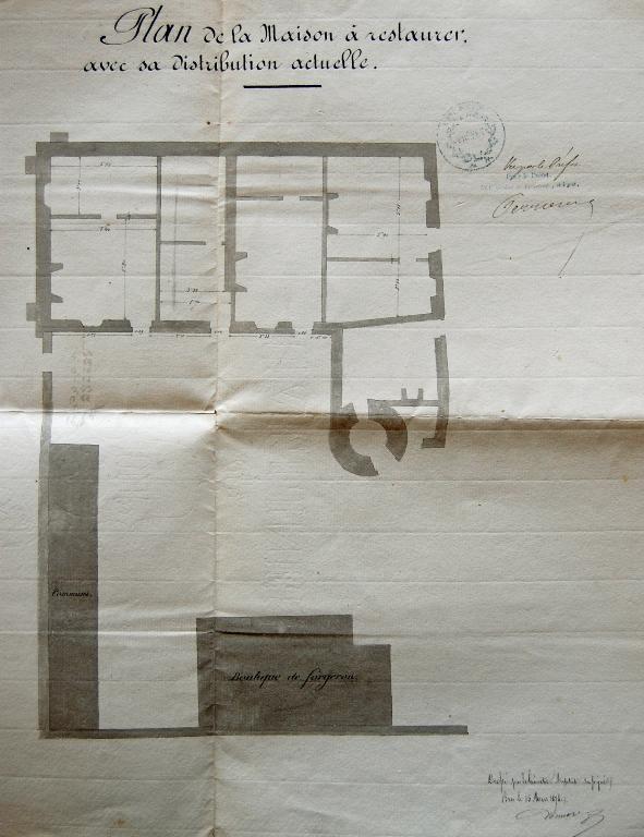 Maison à transformer en maison d’école et mairie, plan de distribution avant les travaux, dressé par l’architecte Desmares en 1878. (Archives communales de La Croix-du-Perche).