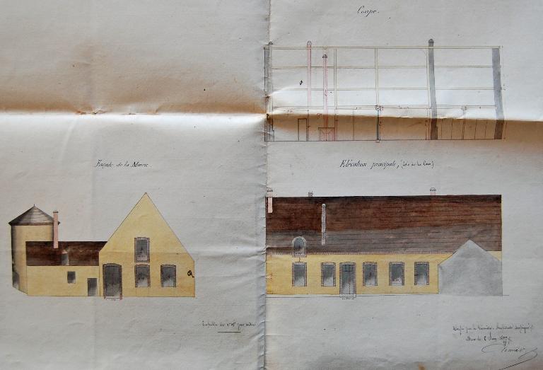 Maison à transformer en maison d’école et mairie, élévation avant les travaux, dressée par l’architecte Desmares en 1877. (Archives communales de La Croix-du-Perche).