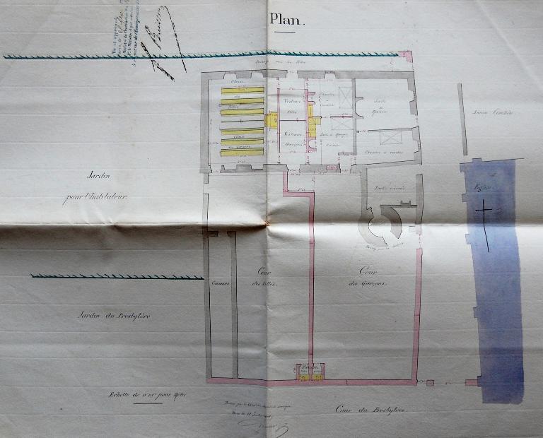Projet d’aménagement d’une école mixte et salle de mairie dressé par l’architecte Desmares en 1878, plan. (Archives départementales d’Eure-et-Loir, 2 O 1129).