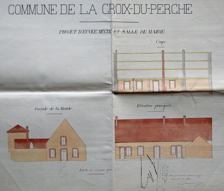Projet d’aménagement d’une école mixte et salle de mairie dressé par l’architecte Desmares en 1878, élévations et coupe. (Archives départementales d’Eure-et-Loir, 2 O 1129).
