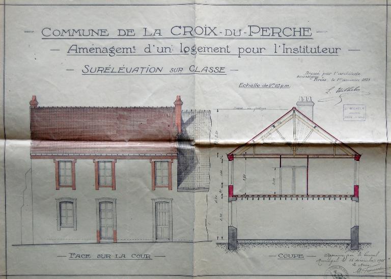 Projet d’aménagement du logement de l’instituteur (surélévation du bâtiment) dressé par l’architecte Wilhelm en 1928, élévation et coupe. (Archives départementales d’Eure-et-Loir, 2 O 1129).