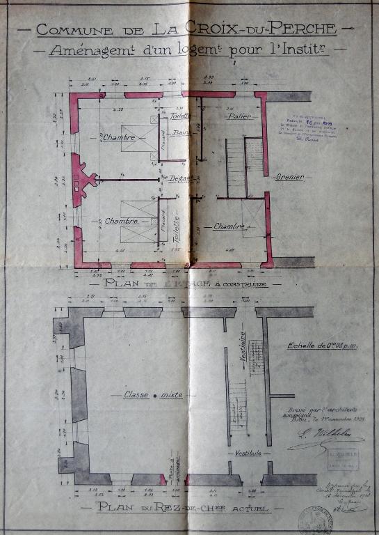 Projet d’aménagement du logement de l’instituteur (surélévation du bâtiment) dressé par l’architecte Wilhelm en 1928, plans du rez-de-chaussée et de l’étage à construire. (Archives départementales d’Eure-et-Loir, 2 O 1129).