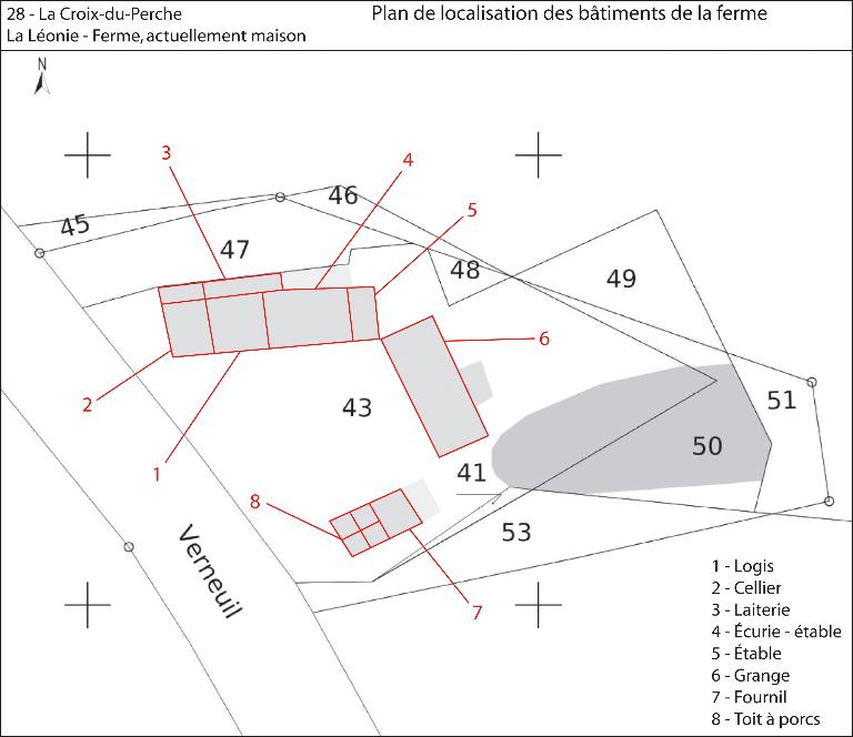 Plan de localisation des bâtiments du lieu-dit (fonds : plan cadastral de 2013, section ZI). ; La Léonie, ferme : plan de localisation des bâtiments de la ferme.