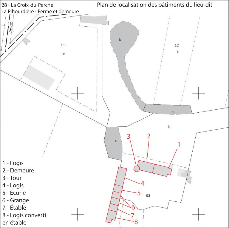 Plan de localisation des bâtiments du lieu-dit (fonds : plan cadastral de 2013, section ZK).