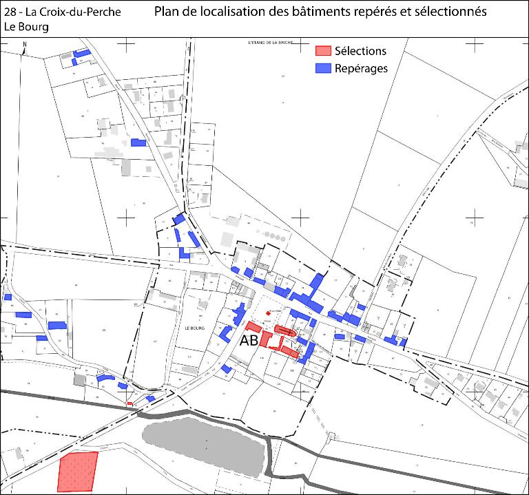 Plan de localisation des éléments bâtis repérés et sélectionnés au bourg (fonds : plan cadastral de 2013 – section AB, ZD, ZH, ZM).