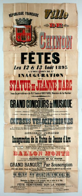Affiche d'annonce des fêtes pour l'inauguration du monument à Jeanne d'Arc les 12 et 13 août 1893. (Archives municipales de Chinon).