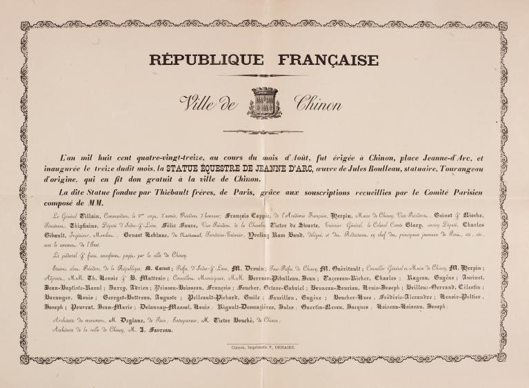 Diplôme de l'inauguration du monument à Jeanne d'Arc (Archives municipales de Chinon).