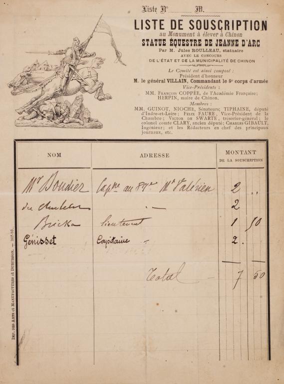 Liste de souscription pour le monument à Jeanne d'Arc, à en-tête décoré d'une gravure de la statue. (Archives municipales de Chinon).